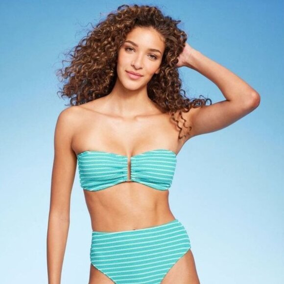 SHADE & SHORE BIKINI TOP PUCKER FRONT U-WIRE BANDEAU TEXTURE STRIPED TEAL LARGE - Picture 2 of 6